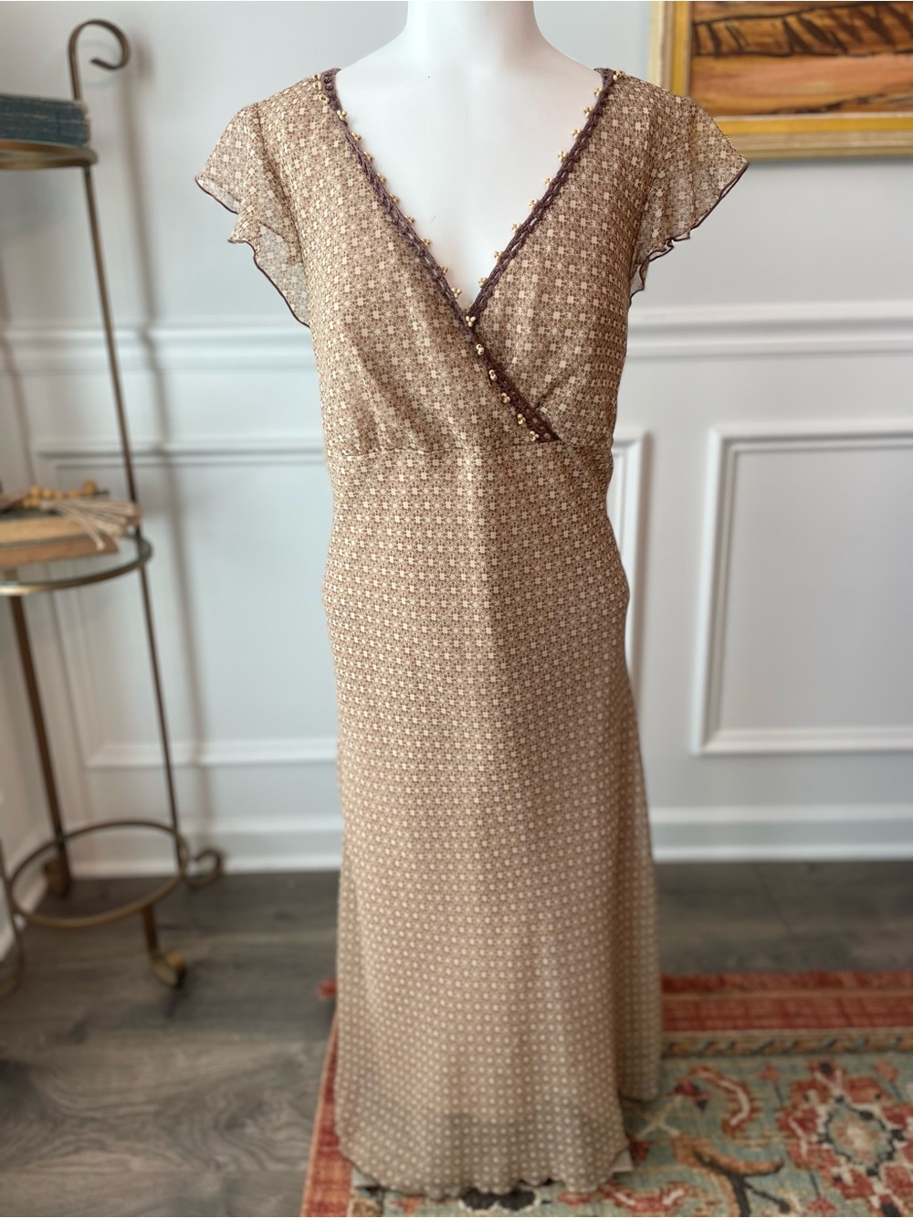 Taupe Midi Dress with Brown Beaded Trim